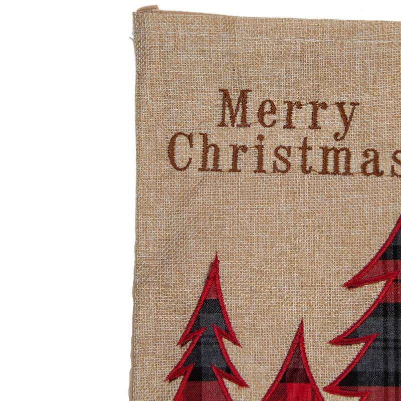 19" Beige and Red Plaid Reindeer With Forest Trees Christmas Stocking