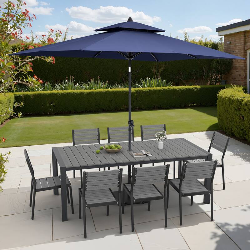 9/11-Piece Outdoor Dining Set Aluminum Table and Stackable Chairs w/10 ft Umbrella and Base - Set of 11 - Grey Table with Navy Blue Umbrella