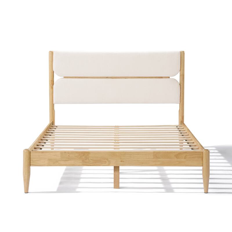 Queen Size Solid Wood Bed Frame with Upholstered Headboard, Ivory