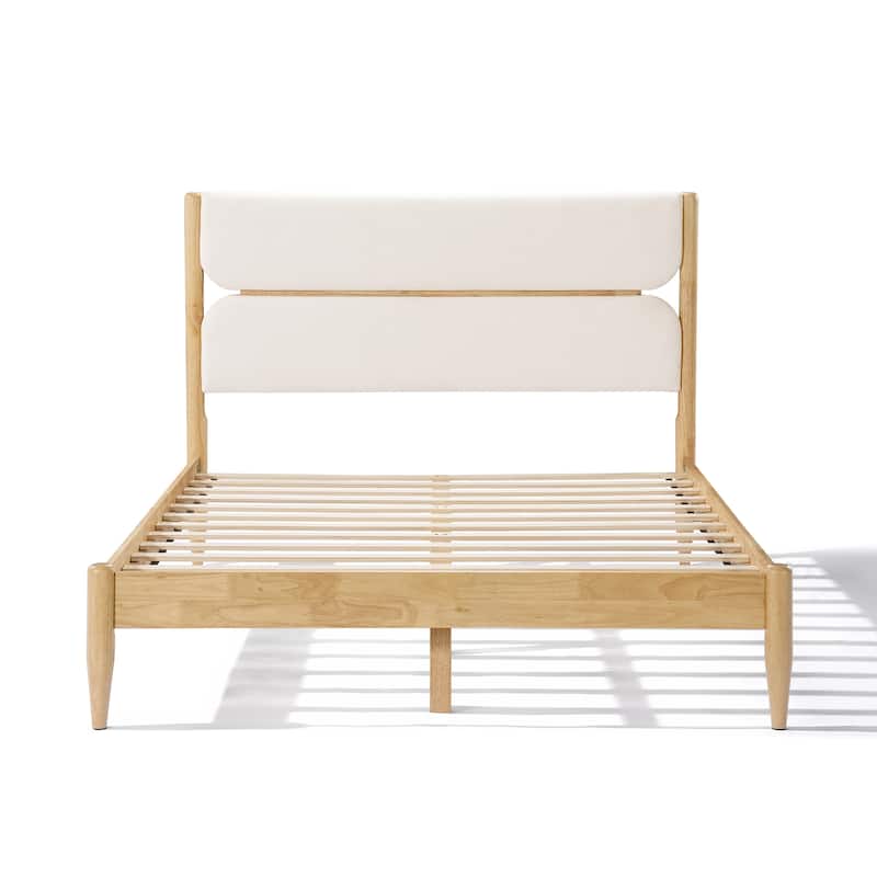 Solid Wood Bed Frame with Panel Upholstered Headboard Mid-Century Modern Platform Bed with Durable Wooden Slats, Easy Assembly - Ivory - Queen