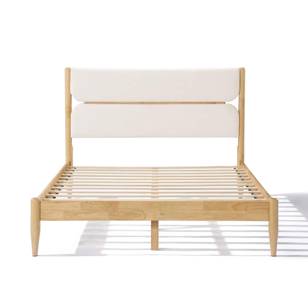 Solid Wood Bed Frame with Panel Upholstered Headboard Mid-Century Modern Platform Bed with Durable Wooden Slats, Easy Assembly