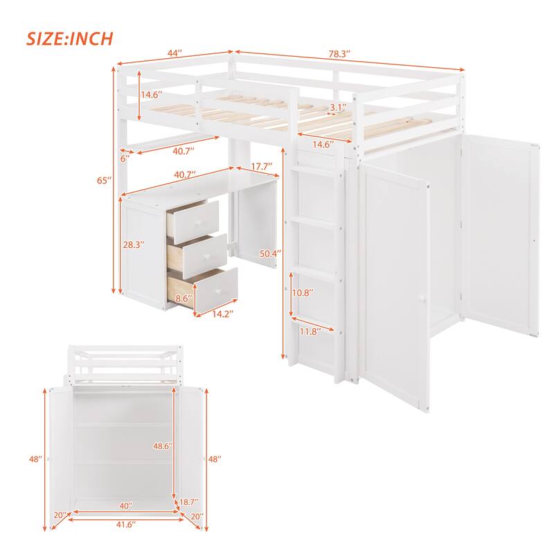 Twin Size High Loft Bed with Built-in Desk and Wardrobe, Wooden Loftbed Bedframe with 3 Storage Drawers, for Kids, Teens, Adults