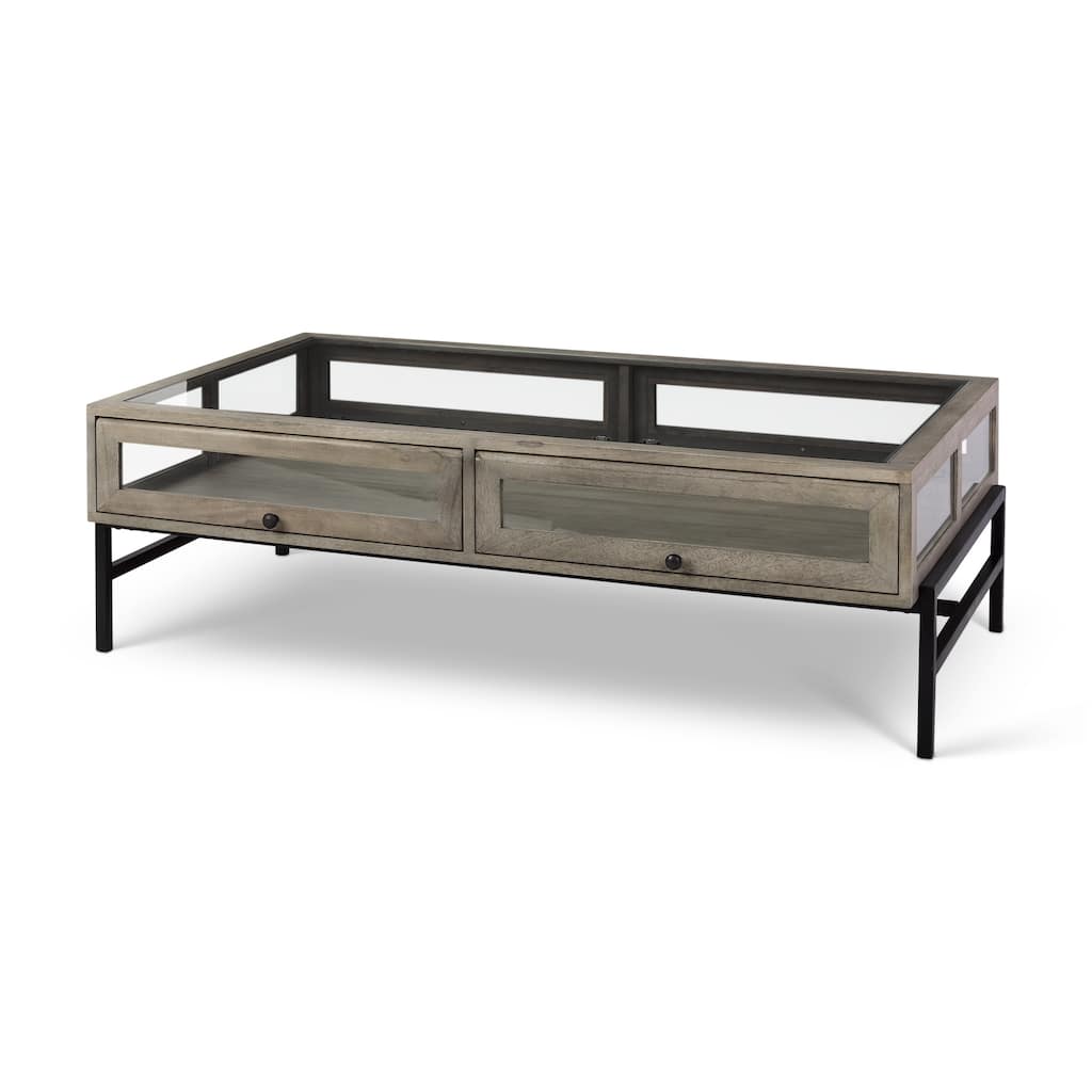 Arelius Glass-Top Gray Wood w/ Black Metal Base Rectangular Display Coffee Table