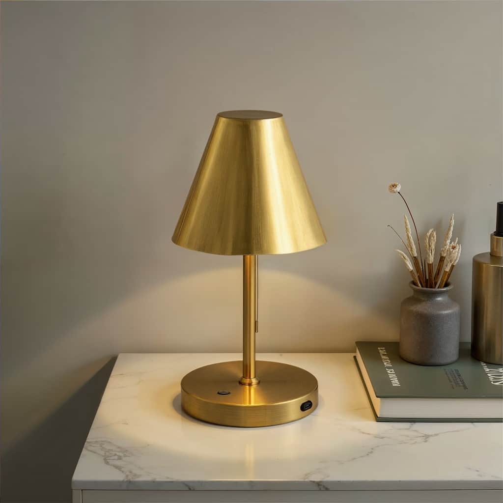 Metal LED Rechargeable Table Lamp with Touch Sensor, Gold Finish - 5.9"L x 5.3"W x 11.0"H