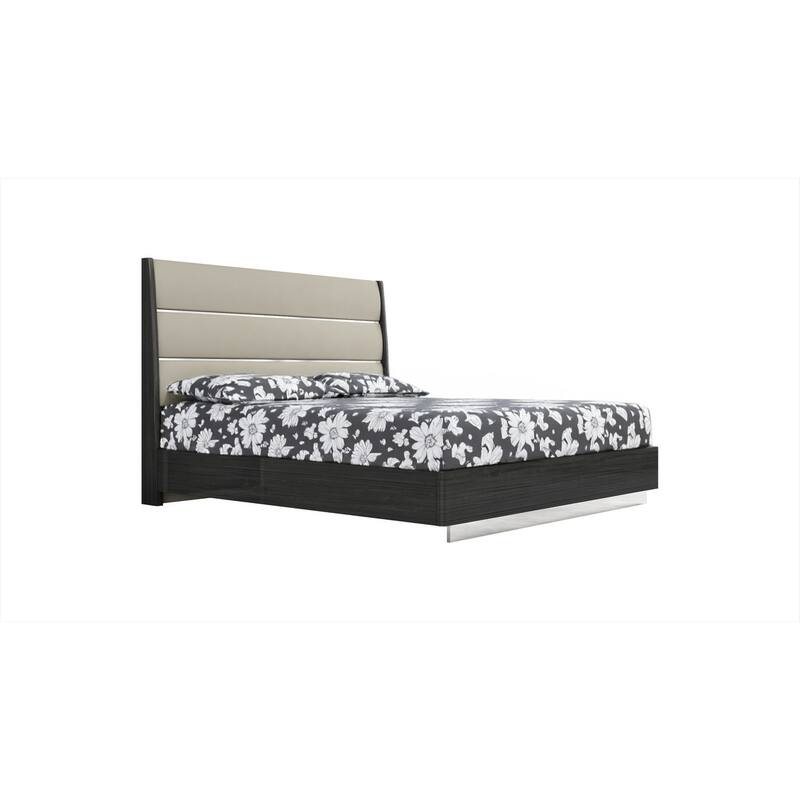 HomeRoots King Dark Grey High Gloss Bed Frame with Faux Leather Headboard