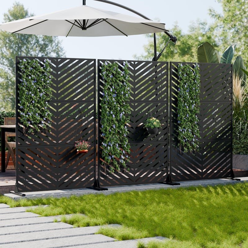 Outdoor Privacy Screen 2-Panel Chevron Metal Privacy Fence with Wind-Resistant Base Durable Decorative Divider