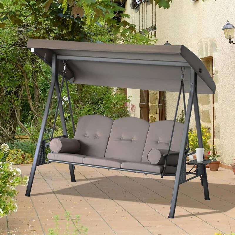 3-Seat Patio Swing Chair, Adjustable Canopy, Side Trays, Comfort Set