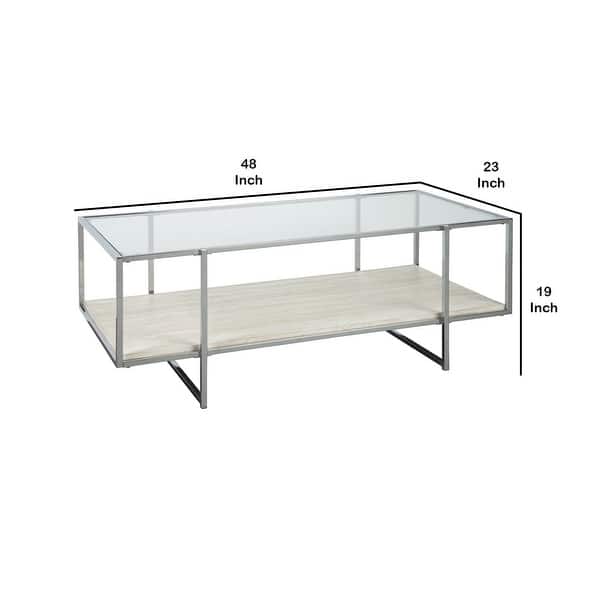 48 Inches Glass Top Cocktail Table with Stone Shelf, Clear and Chrome