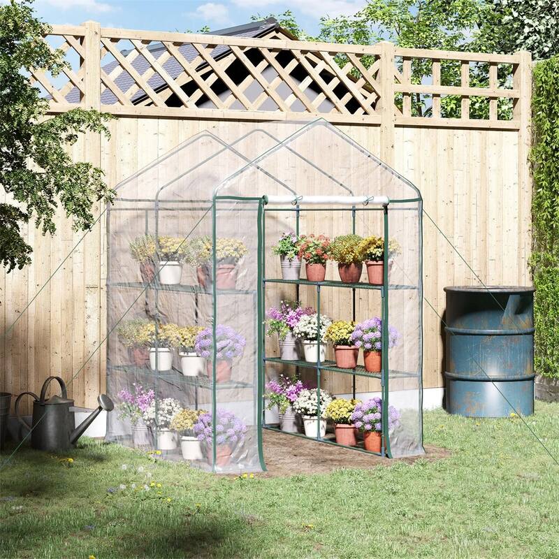 Clear Plastic Steel Frame Walk-In Greenhouse with Shelves and Cover - Clear-56.25" L x 56.25" W x 76.75" H