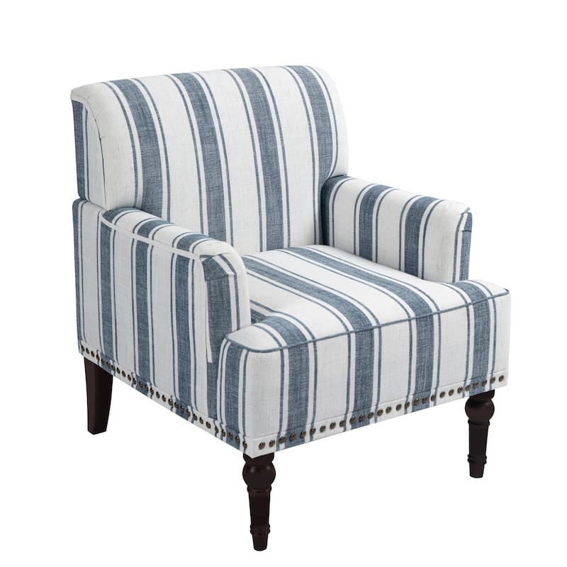 Stripe Linen Accent Arm Chair with Nailhead Trim and Wood Legs