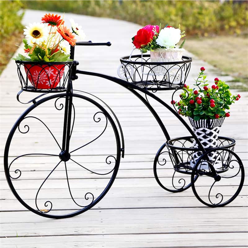 Large Bike Planter Garden Ornament Metal Bicycle Plant Stand with 3 Flower Pots Indoor Outdoor - Black
