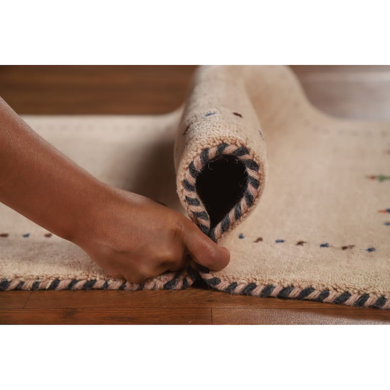 Hand Knotted Oriental 100% Wool Carpet Tribal Animal Pictorial Peach Gabbeh Runner Rug - 4' 8'' X 2' 3''
