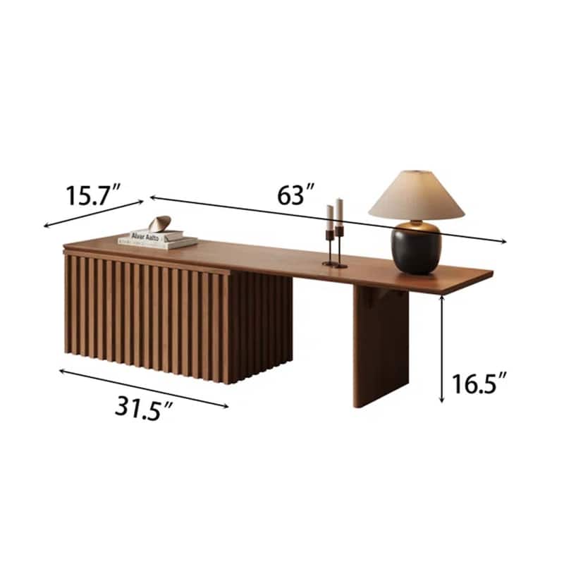 63" Mid Century Brown Wood Desk, Extendable Media Console with 2 Cabinets
