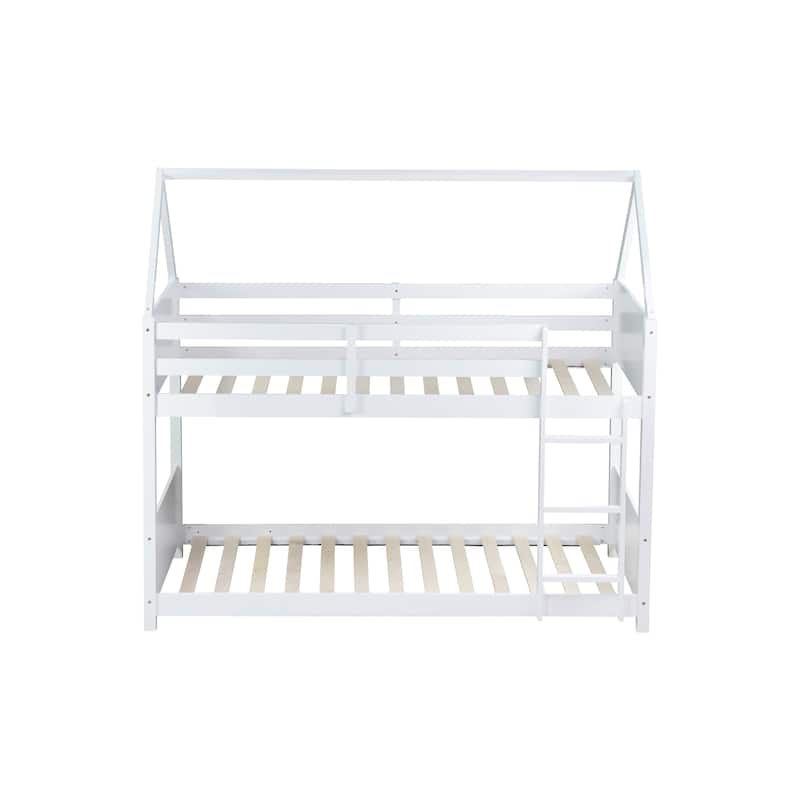 Twin Over Twin House Floor Bunk Bed with Headboards, Footboards, Guardrails, and Ladder, White