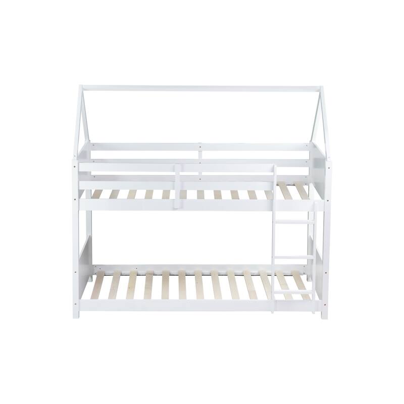 Twin Over Twin Low Bunk Bed with House-shaped Bed Roof Frame, Ladder, Guardrails, Headboards and Footboards For Kids Floor Bed