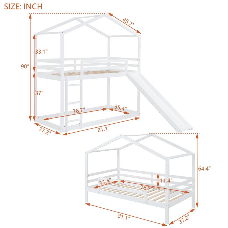 Twin over Twin Wood Bunk Bed with Roof, Slide and Ladder, Safety