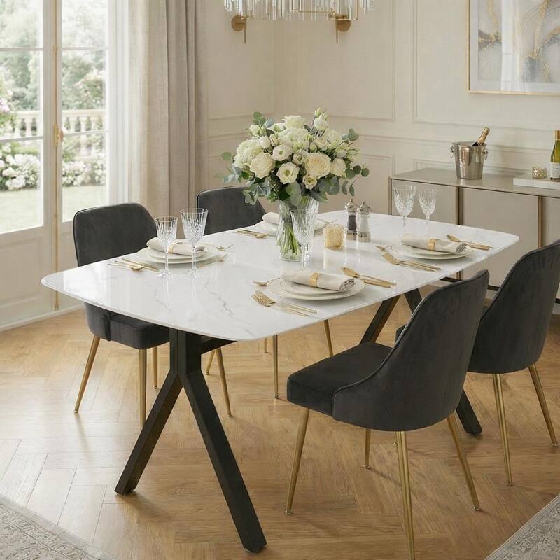 Rectangular dining table featuring a tempered glass tabletop with a marble-patterned design for restaurant dining settings