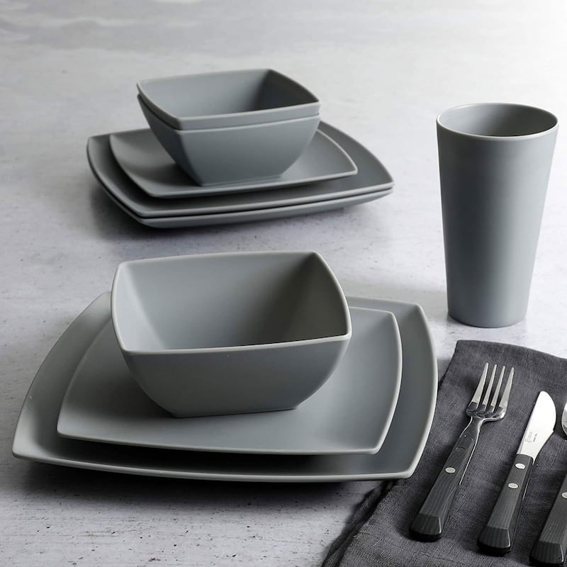 Gibson Home 16 Piece Modern Square Melamine Dinnerware Plate Set Grey (2 Pack)