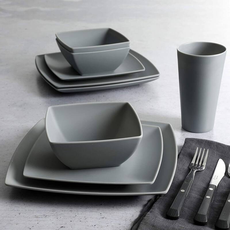 Gibson Home 16 Piece Square Dinnerware Set Plates, Bowls, & Cups, Grey (3 Pack)