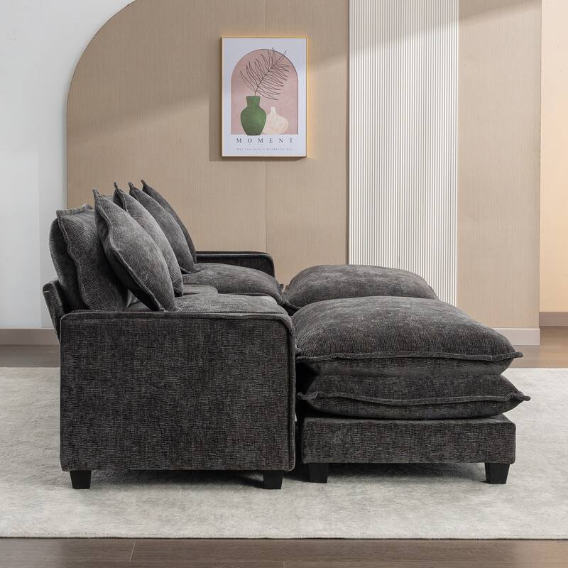 111" Grey Chenille Sectional Sofa with 2 Removable Ottomans, USB Ports, Cup Holders & Storage Box