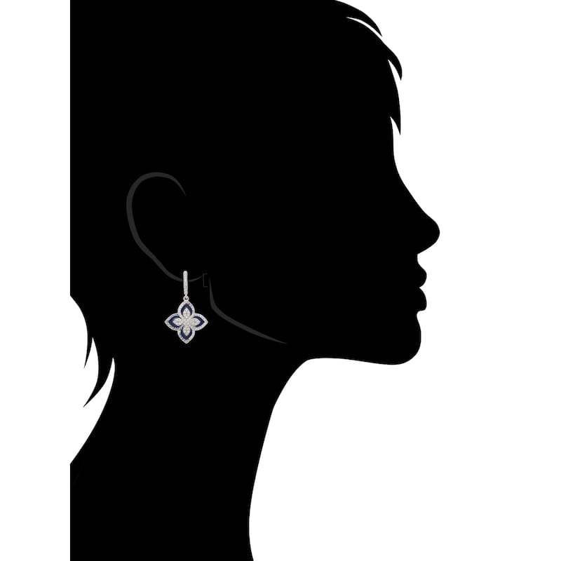 Rhodium Flower Enamel and CZ Drop Earring - 1.25" Long