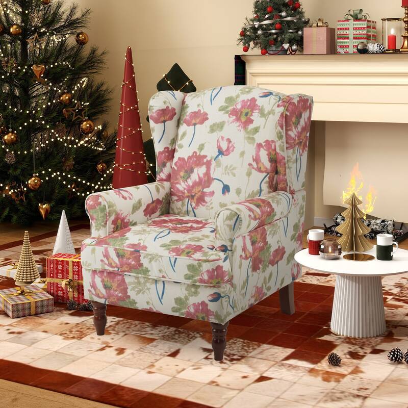 Erommy Wing back Arm Chair, Upholstered Fabric High Back Chair with Wood Legs