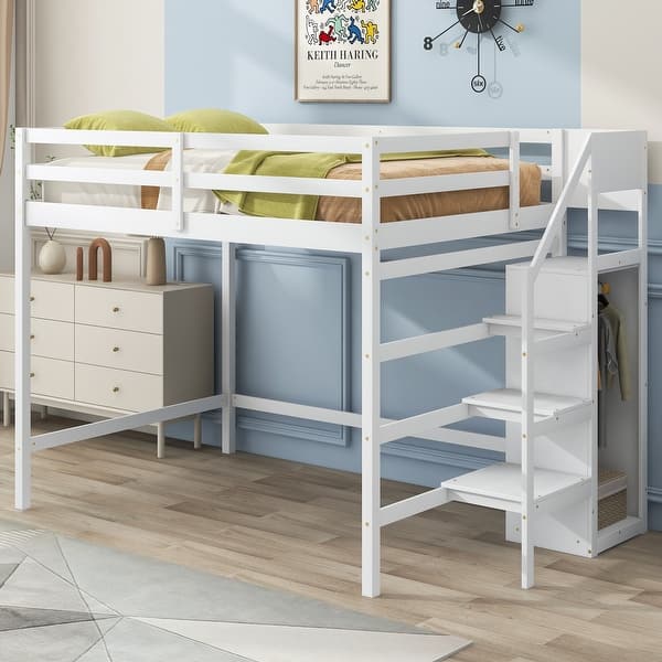 slide 2 of 12, Full Size Loft Bed with Built-in Storage Wardrobe and Staircase, White White - Full