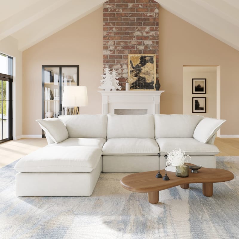 L-Shaped Linen Sectional Sofa Modular Cushion Back Couch Sofa for Livingroom - White-4 seats