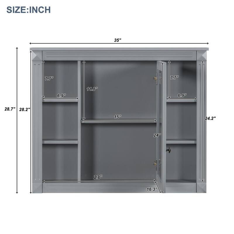 Mirror Cabinet with 6 Open Shelves, 35'' x 28'' Wall Mounted Bathroom Storage Cabinet, Grey