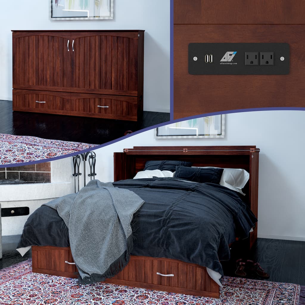 Southampton Queen Murphy Bed Chest with 6" Mattress, Storage Drawer & Built-In Charger in Walnut