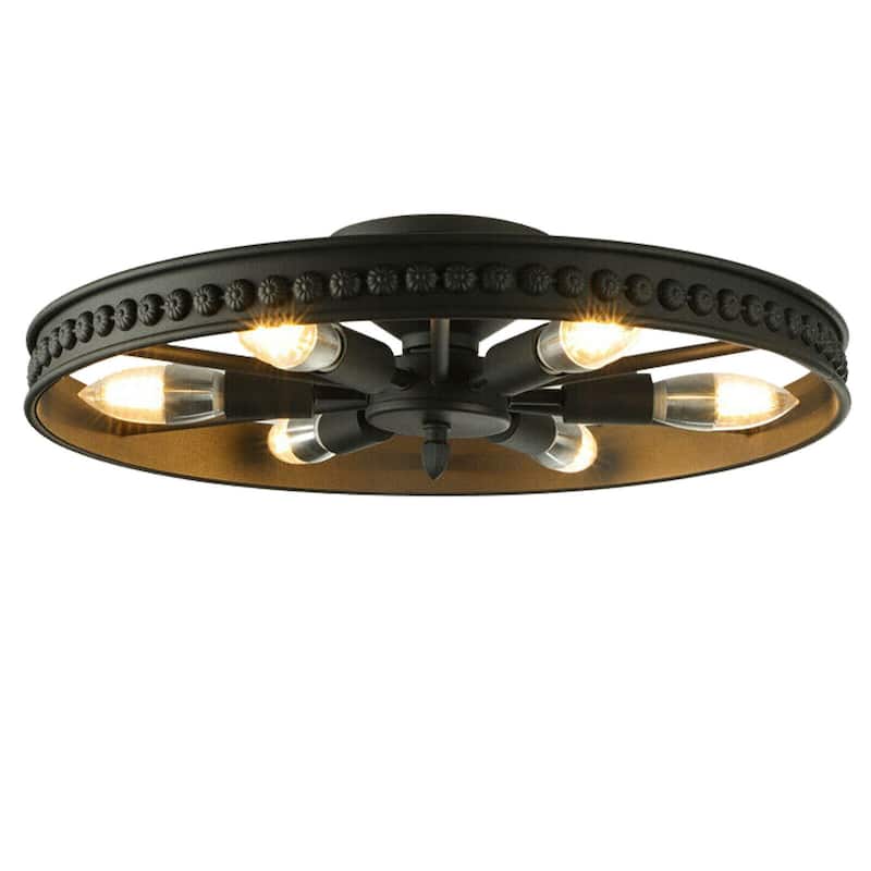 6 Heads Wagon Wheel Flush Mount Light Rustic Black Ceiling Light - 18 inches