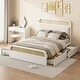 preview thumbnail 2 of 8, Queen Size Platform Bed with Trundle, Pine Wooden Bed with 2 Drawers, Kid's Bed with Rattan Headboard, White