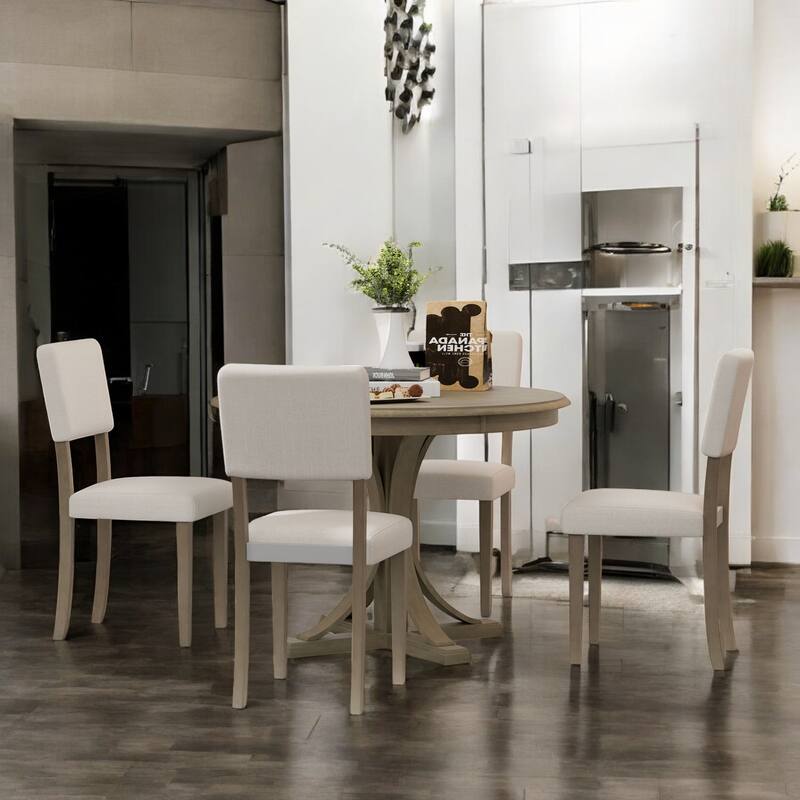 5-Piece Retro Round Dining Table Set with Upholstered Chairs - Solid Wood, Curved Legs for Dining Room and Kitchen