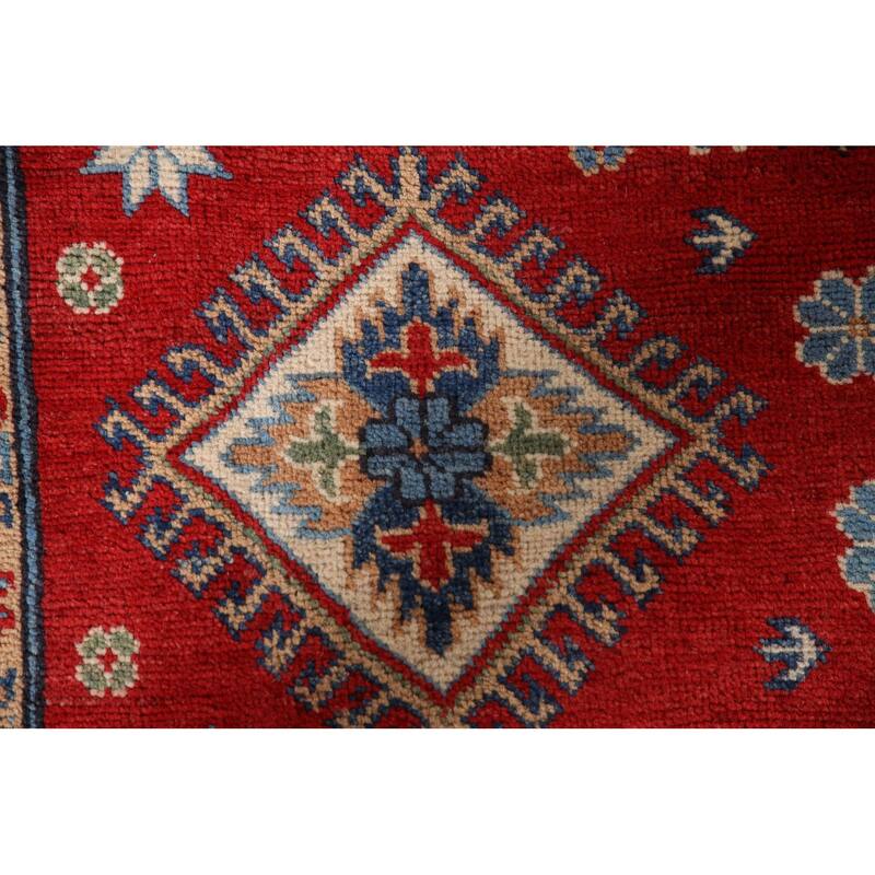 Geometric Red Kazak Area Rug Hand-Knotted Wool Carpet - 6'5" x 9'10"