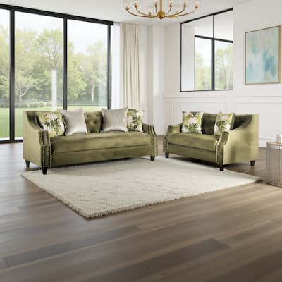 Syna Sofa and Loveseat Set, Bench Style Seat, Green Tufted Microfiber
