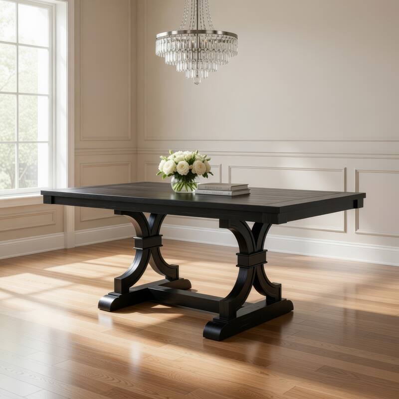 Luke Dining Table, 79 Inch Rectangular Top, Trestle Base, Black Wood