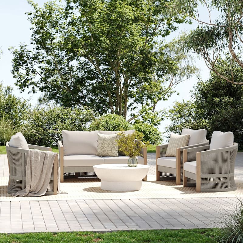 Jagger Farmhouse Patio Seating with Solid Acacia Wood Frame, Cushions, and Rope Accent - Ash White/Gray Oak - 2 Loveseats 2 Armchairs