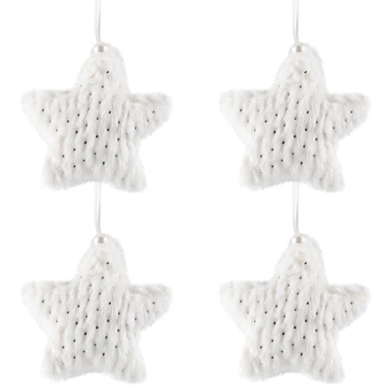 Faux Fur Plush Star Christmas Ornaments - 4.75" - White - Set of 4