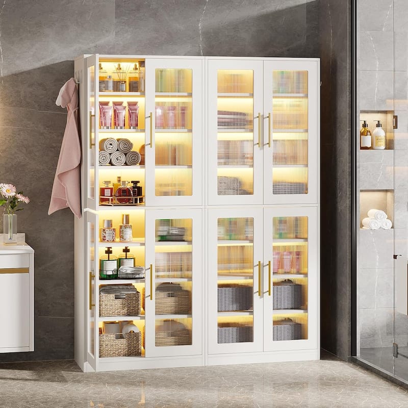 8-tier Modern Tall Bookcase Bookshelf with Doors and LED Light
