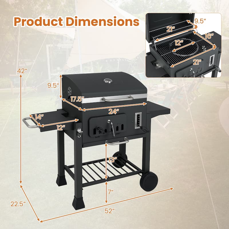 Large Backyard BBQ Grill with 6-Level Charcoal Tray and Thermometer Foldable Side Shelves - 52" x 22.5" x 42"