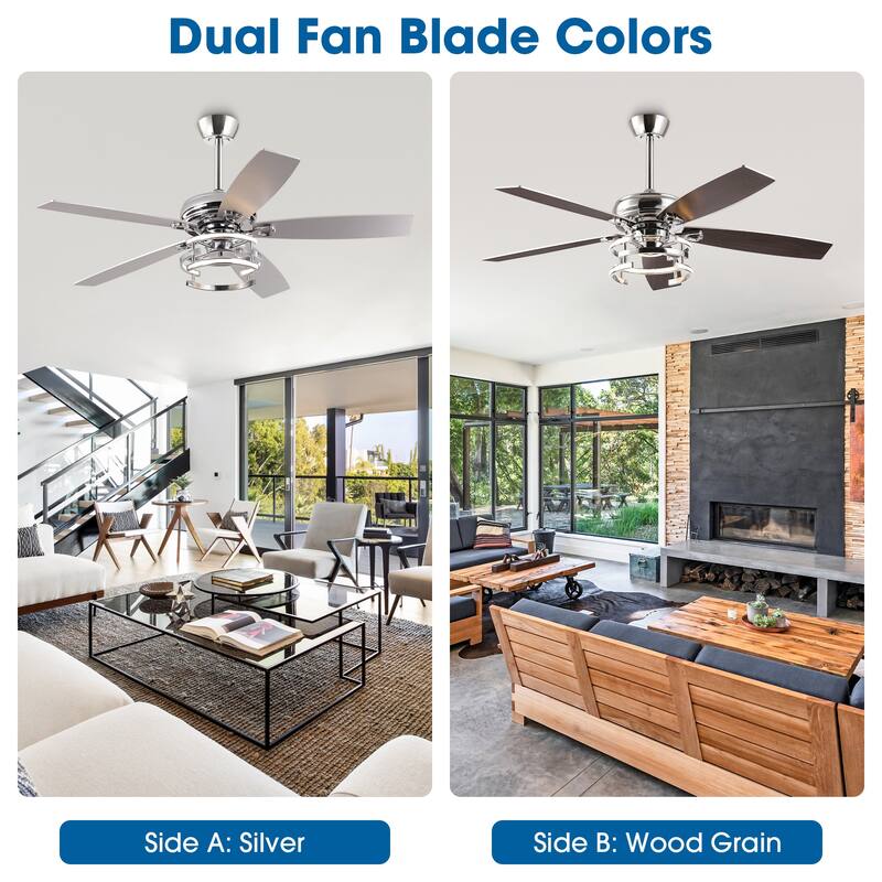 52" Farmhouse Chrome Integrated LED Dimmable Ceiling Fan with Light and Remote - 52 in. W x 52 in. D x 13 in. H