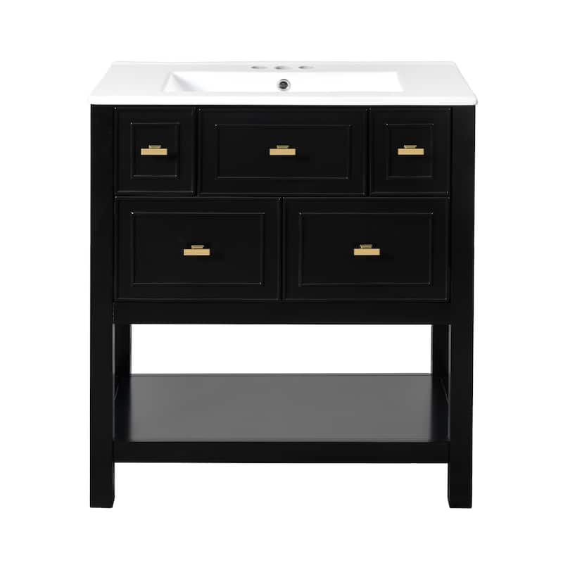 30'' Bathroom Vanity with Ceramic Sink Combo, Free Standing Single Vanity Set with 5 Drawers