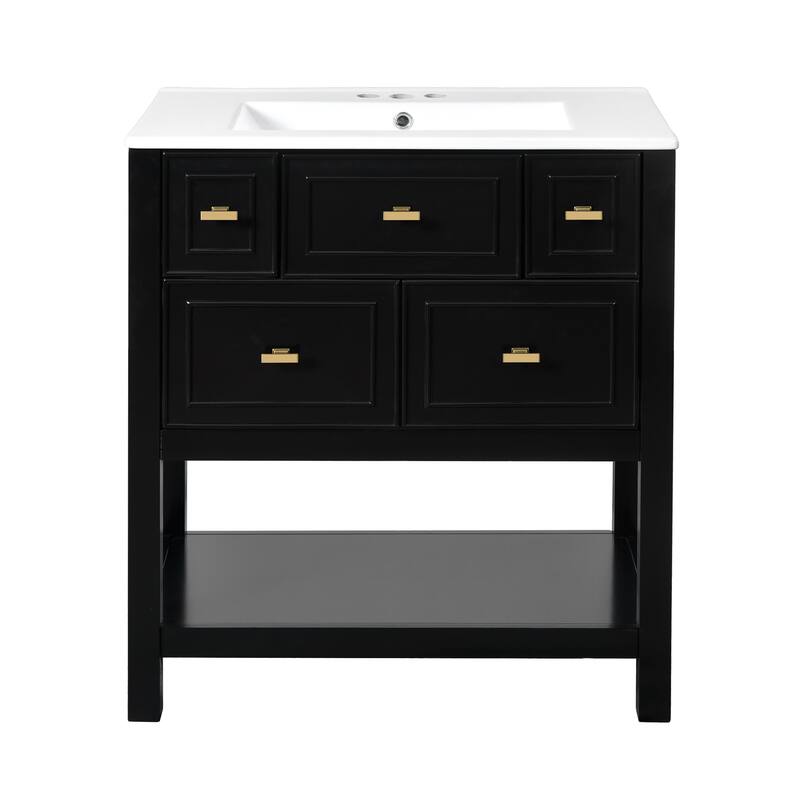 Bathroom Vanity with Ceramic Sink, Bathroom Storage Cabinet with 5 Drawers, Bathroom Vanity Set with Open Shelf