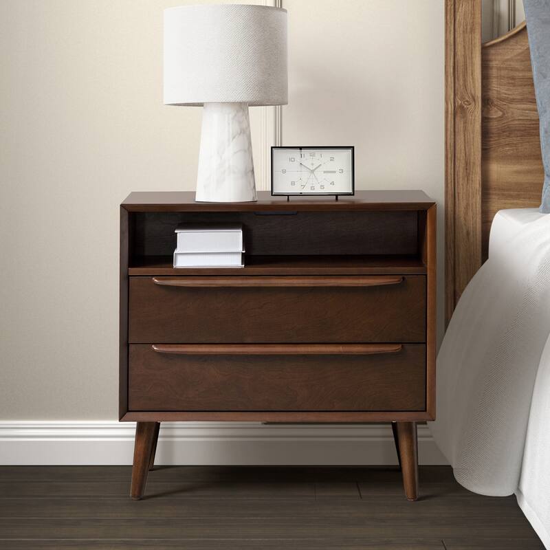 Kay Mid-century Modern 2 - Drawer Nightstand with Built-In Outlets and USB by HULALA HOME - Walnut