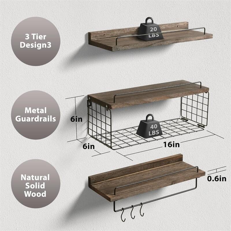 Bathroom Floating Shelves with Wire Basket - 5.9"D x 15.5"W x 0.59"H