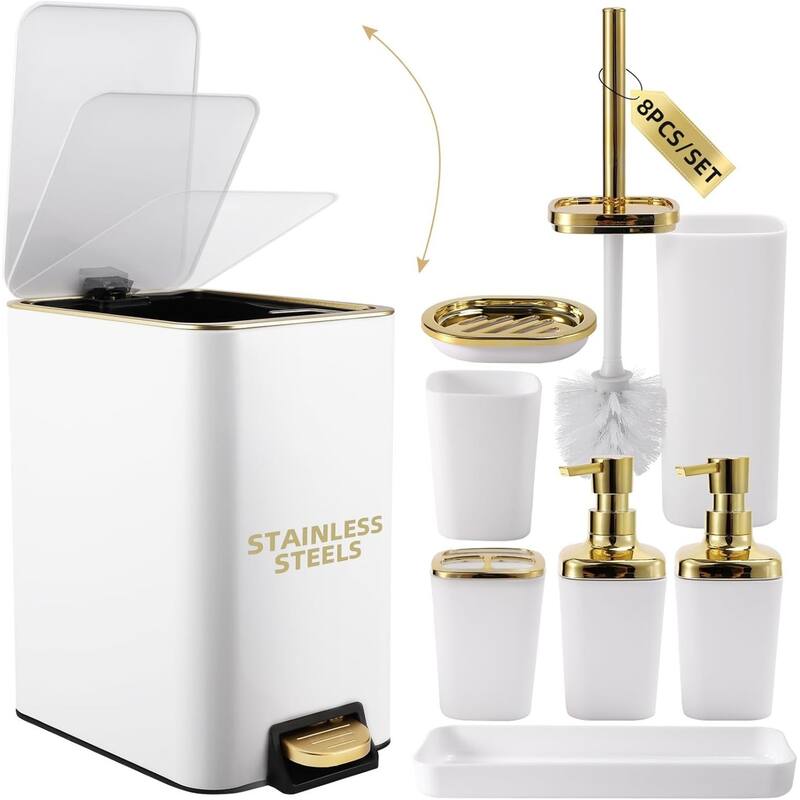 8-piece bathroom set with stainless steel trash can, toilet brush, toothbrush set, soap dispenser - White