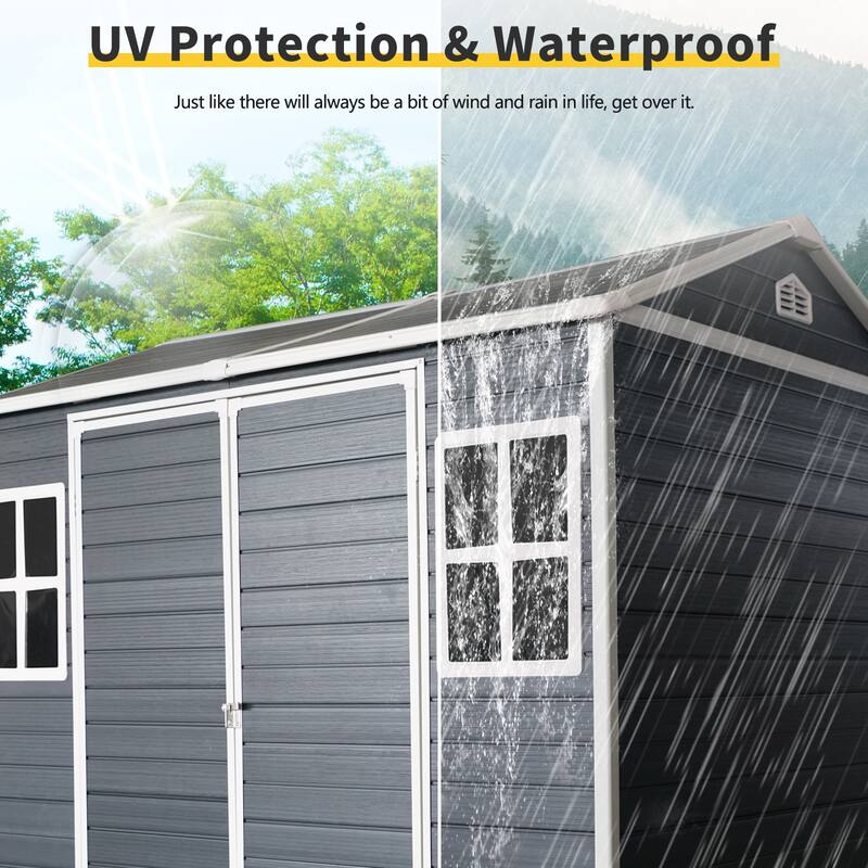 Resin Outdoor Storage Shed UV-Proof Garden Tool Shed with Sloping Roof & Lockable Double Doors, Built-in Floor