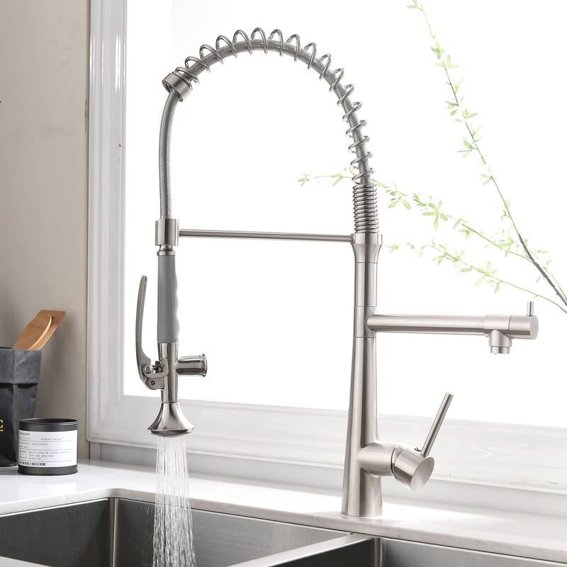 Heavy Duty Commercial Style Kitchen Sink Faucet,Single Handle Pre-Rinse Spring Sprayer Kitchen Faucets,High Arc Pull Down - Brushed Nickel