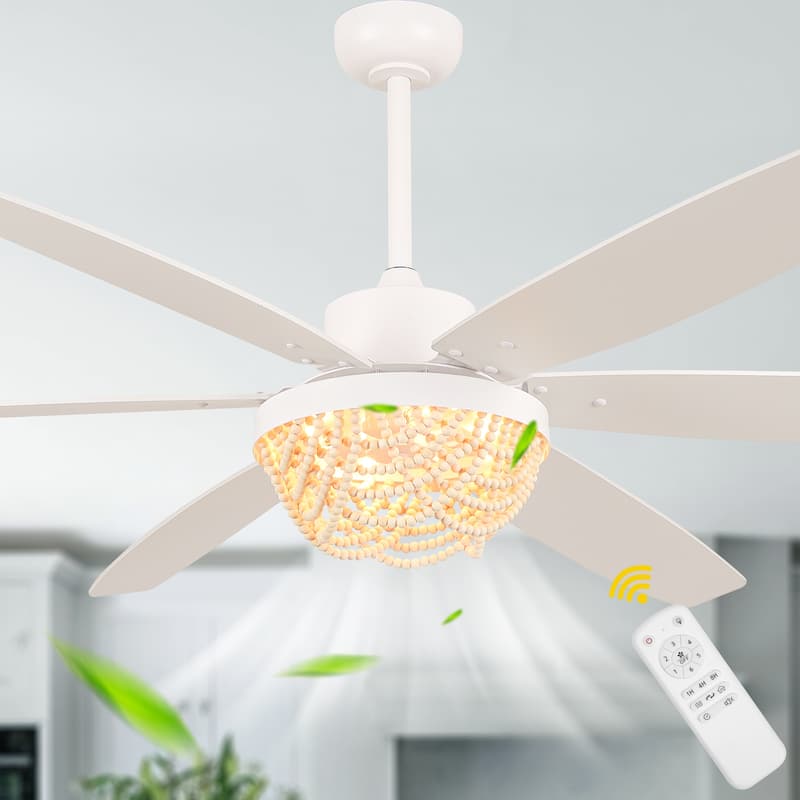 Bella Depot 65" Bohemia Large White Ceiling Fan with Light and Remote 6-Speed Modern Chandelier Fan Wood Bead Shade