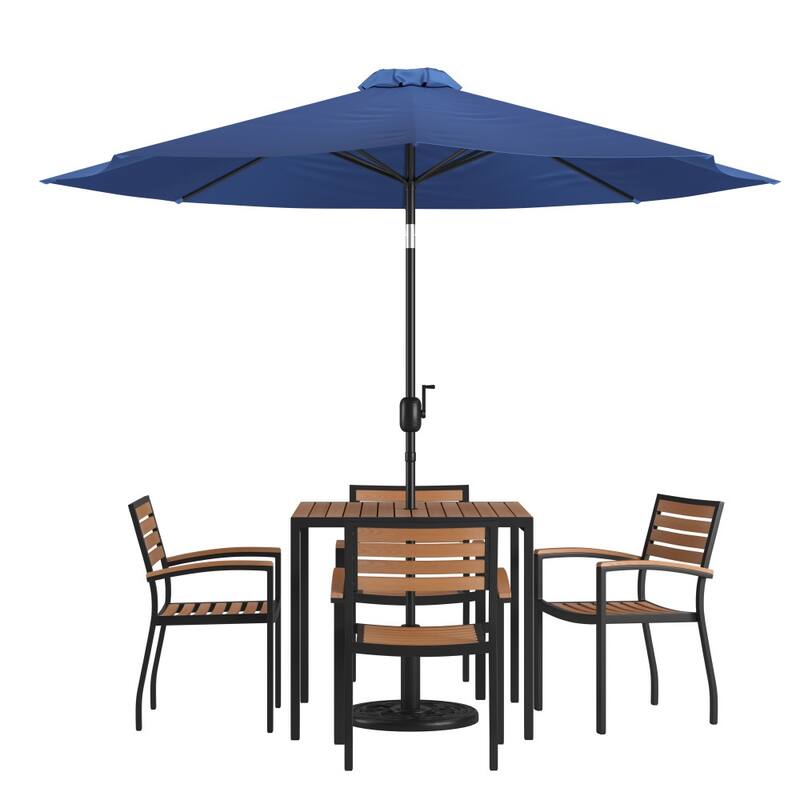 35" Square Faux Teak Patio Table, 4 Chairs and 9FT Patio Umbrella with Base